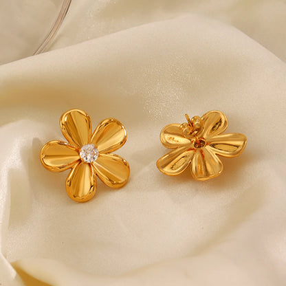 1 Pair Sweet Simple Style Flower Inlay 304 Stainless Steel Zircon 18K Gold Plated Ear Studs