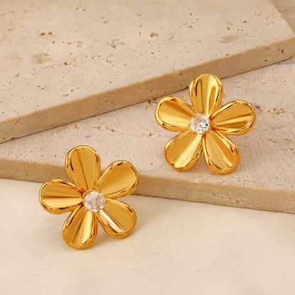 1 Pair Sweet Simple Style Flower Inlay 304 Stainless Steel Zircon 18K Gold Plated Ear Studs