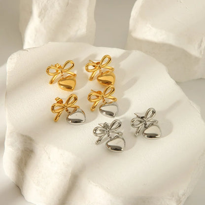 1 Pair Sweet Simple Style Heart Shape Bow Knot 304 Stainless Steel 18K Gold Plated Drop Earrings