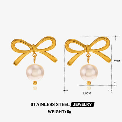 1 Pair Sweet Simple Style Heart Shape Bow Knot Polishing Pearl 304 Stainless Steel Artificial Pearls 18K Gold Plated Drop Earrings