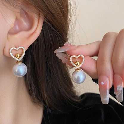 1 Pair Sweet Simple Style Heart Shape Inlay Imitation Pearl Rhinestones Pearl Drop Earrings