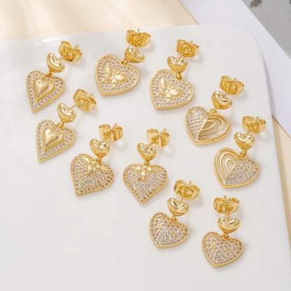 1 Pair Sweet Simple Style Heart Shape Plating Inlay Alloy Zircon 18k Gold Plated Earrings