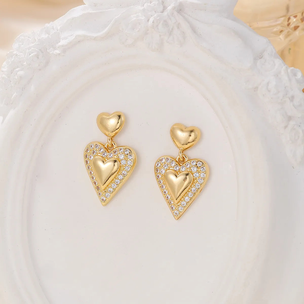 1 Pair Sweet Simple Style Heart Shape Plating Inlay Alloy Zircon 18k Gold Plated Earrings