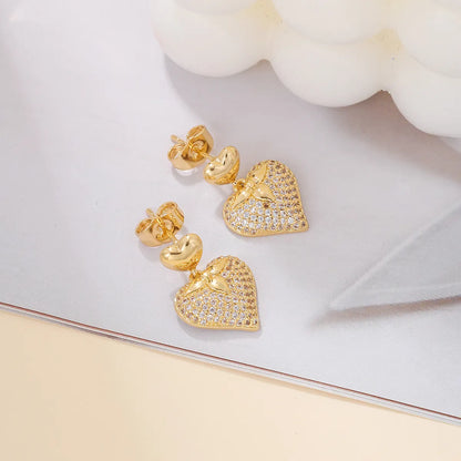 1 Pair Sweet Simple Style Heart Shape Plating Inlay Alloy Zircon 18k Gold Plated Earrings