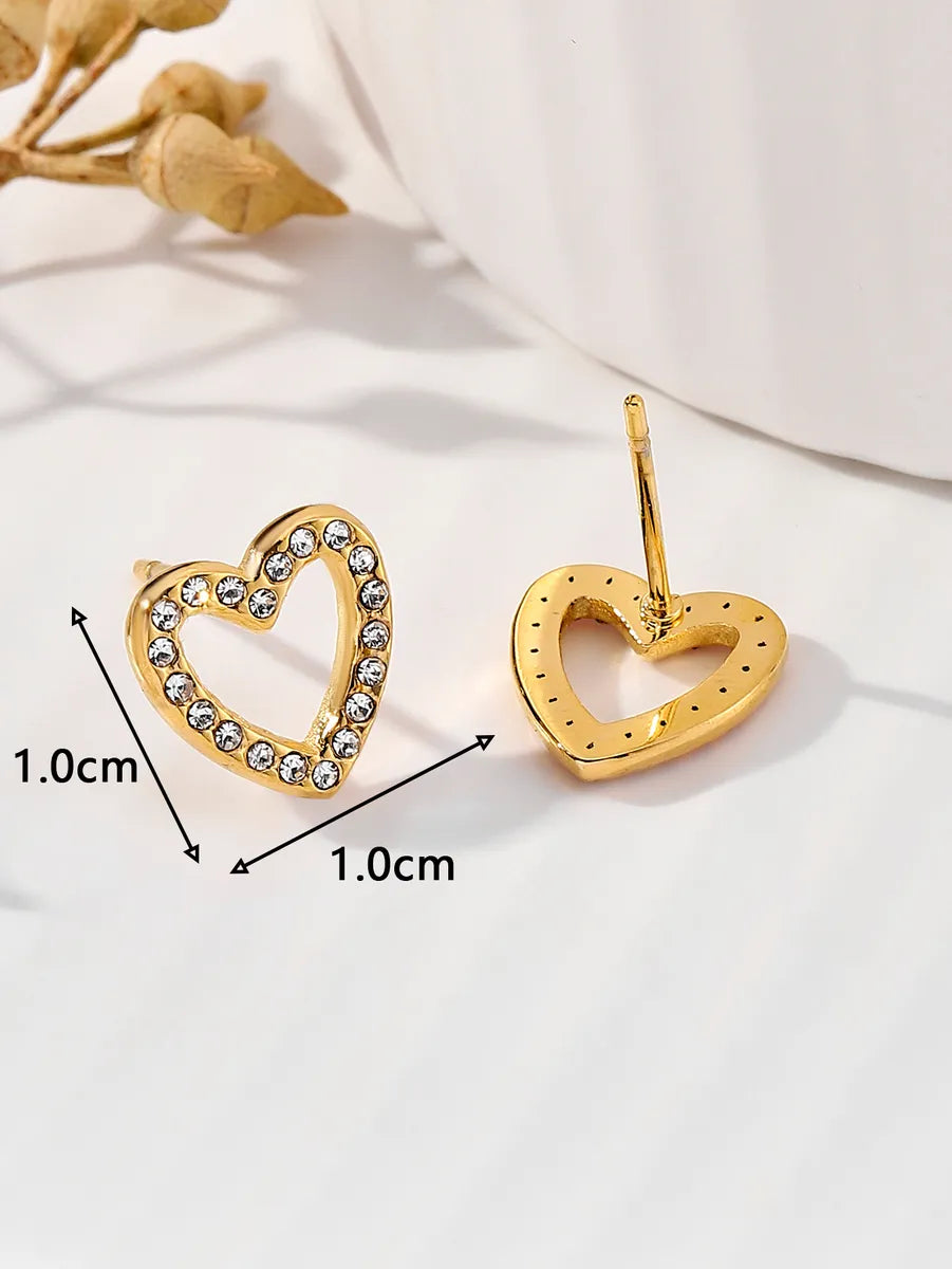 1 Pair Sweet Simple Style Heart Shape Plating Inlay Stainless Steel Zircon 18k Gold Plated Ear Studs