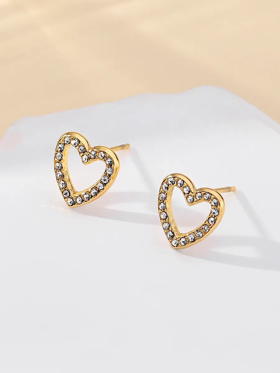 1 Pair Sweet Simple Style Heart Shape Plating Inlay Stainless Steel Zircon 18k Gold Plated Ear Studs