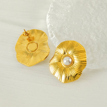 1 Pair Sweet Simple Style Leaf Flower Plating Inlay 304 Stainless Steel Pearl 18K Gold Plated Ear Studs