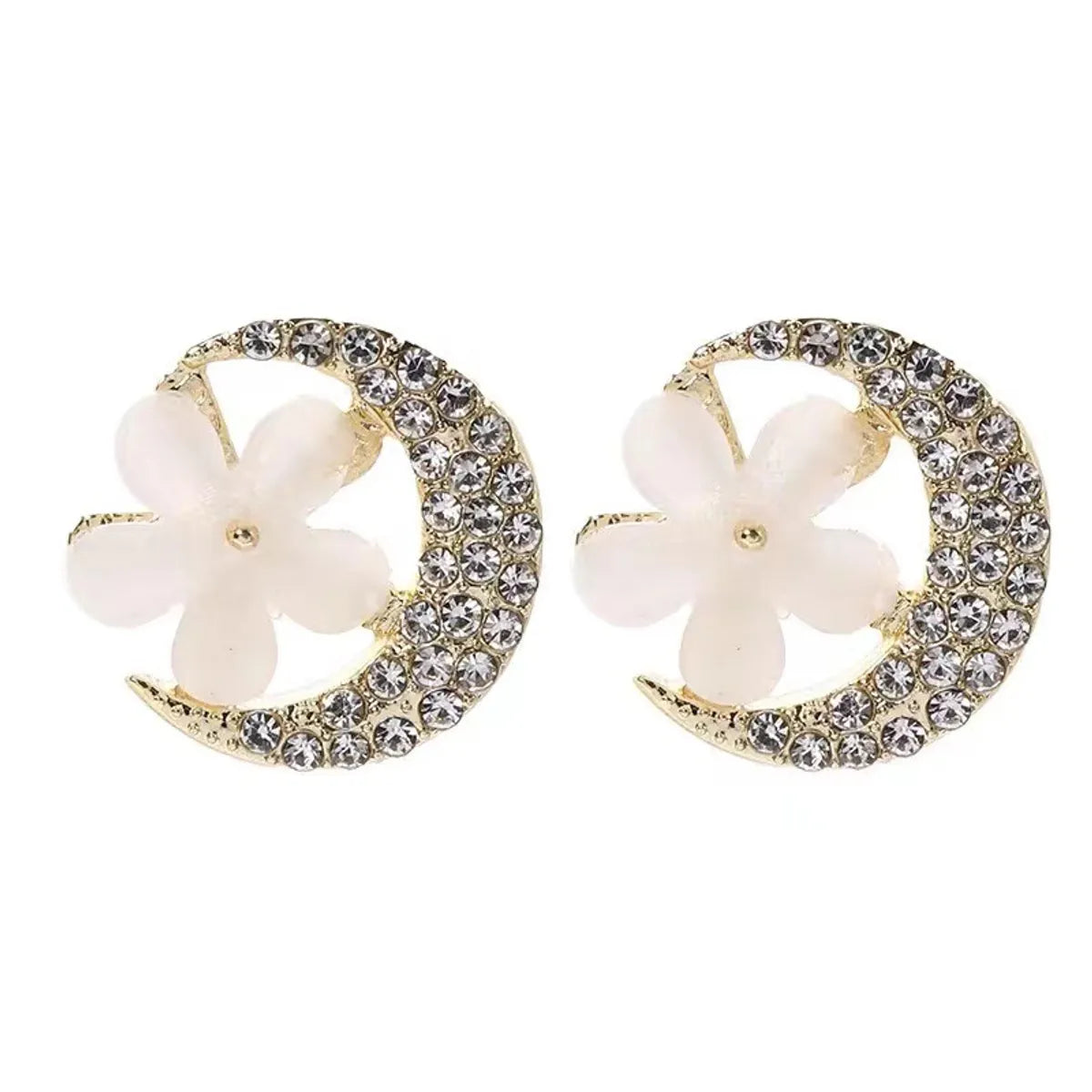 1 Pair Sweet Simple Style Moon Flower Plating Inlay Alloy Rhinestones Ear Studs