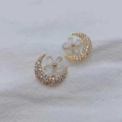 1 Pair Sweet Simple Style Moon Flower Plating Inlay Alloy Rhinestones Ear Studs