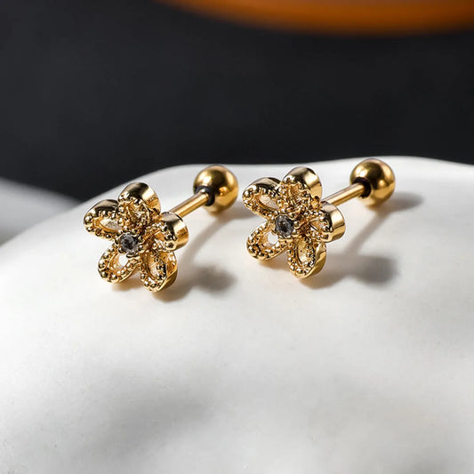 1 Pair Sweet Simple Style Shiny Flower Plating Inlay Stainless Steel Zircon Gold Plated Cartilage Earrings