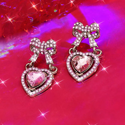 1 Pair Sweet Simple Style Shiny Heart Shape Bow Knot Inlay Zinc Alloy Rhinestones Drop Earrings