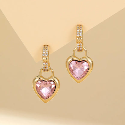 1 Pair Sweet Simple Style Shiny Heart Shape Inlay Copper Crystal Zircon KC Gold Electrophoresis White  Drop Earrings