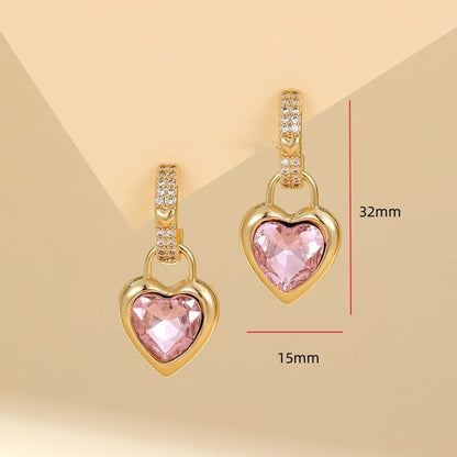 1 Pair Sweet Simple Style Shiny Heart Shape Inlay Copper Crystal Zircon KC Gold Electrophoresis White  Drop Earrings