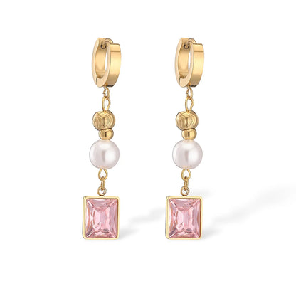 1 Pair Sweet Simple Style Square Plating Inlay Titanium Steel Zircon 18k Gold Plated Drop Earrings