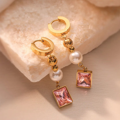 1 Pair Sweet Simple Style Square Plating Inlay Titanium Steel Zircon 18k Gold Plated Drop Earrings