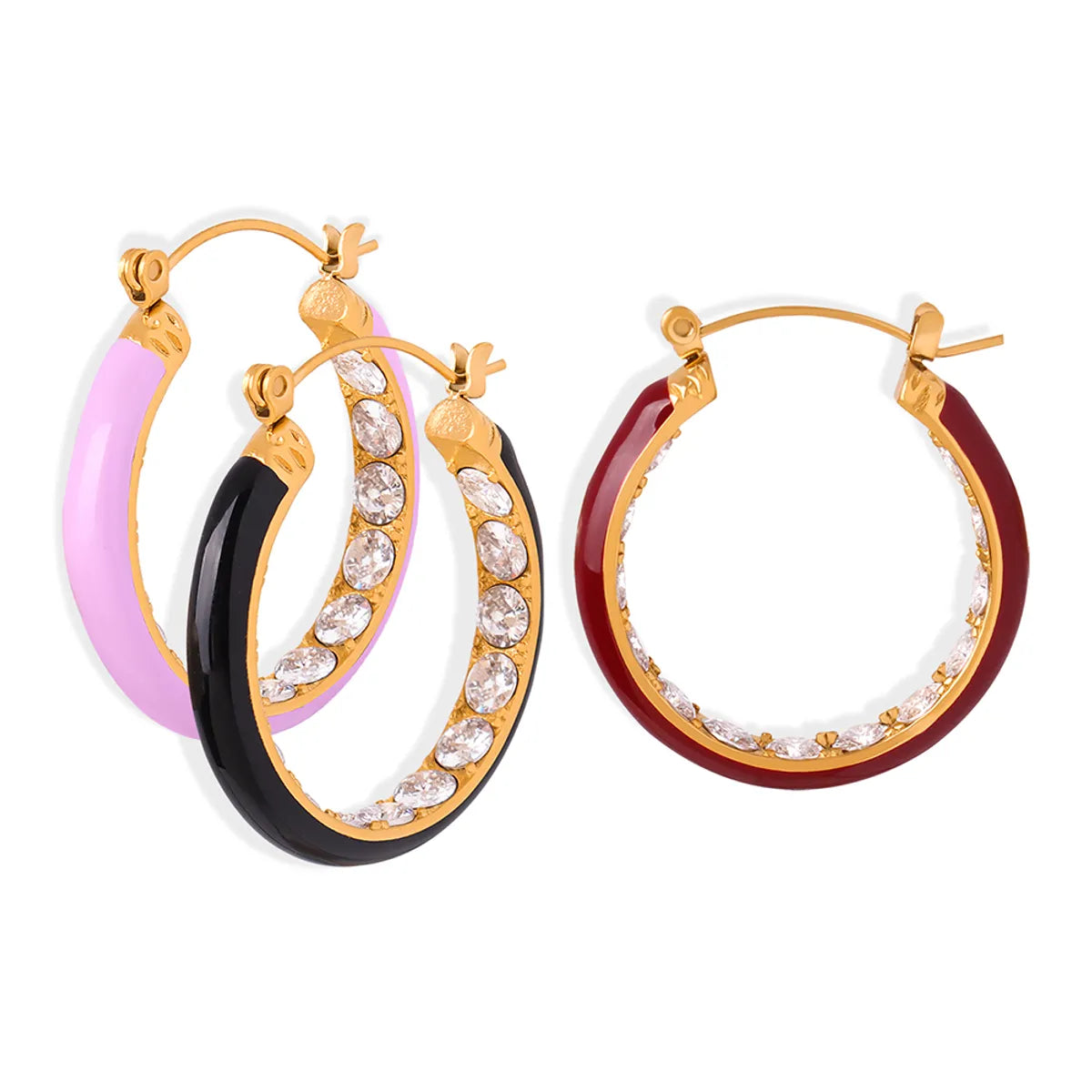 1 Pair Sweet Simple Style U Shape Solid Color Enamel Plating Inlay Titanium Steel Zircon 18k Gold Plated Hoop Earrings