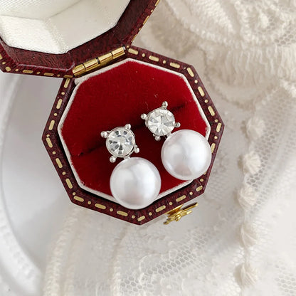 1 Pair Sweet Solid Color Plating Inlay Alloy Artificial Rhinestones Artificial Pearls White Gold Plated Ear Studs