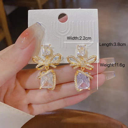 1 Pair Sweet Square Bow Knot Inlay Copper Zircon Drop Earrings