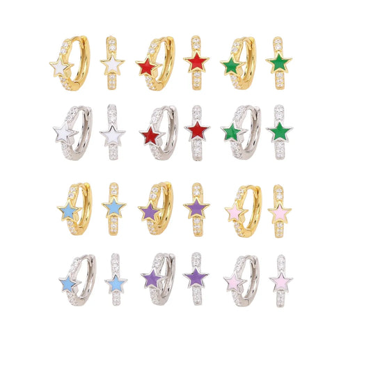 1 Pair Sweet Star Enamel Plating Inlay Sterling Silver Zircon White Gold Plated Gold Plated Hoop Earrings