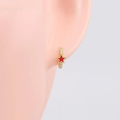 1 Pair Sweet Star Enamel Plating Inlay Sterling Silver Zircon White Gold Plated Gold Plated Hoop Earrings