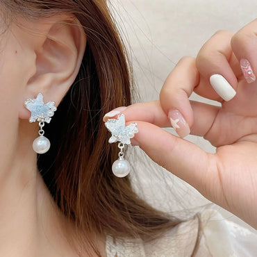 1 Pair Sweet Star Waves Artificial Crystal Artificial Pearl Alloy Drop Earrings Ear Studs