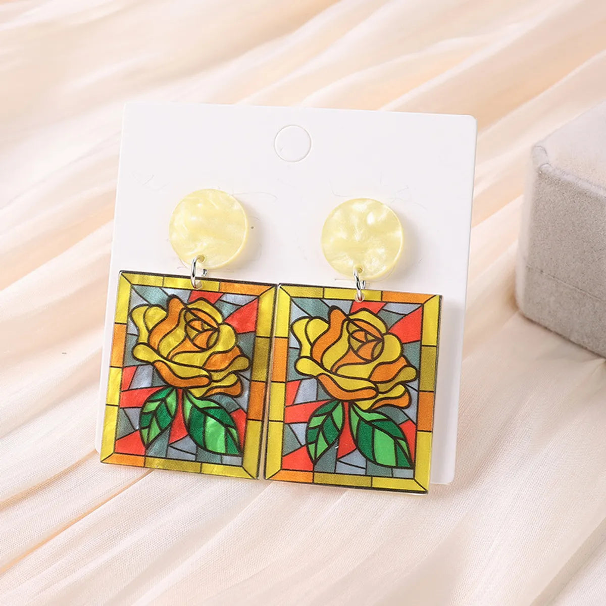 1 Pair Sweet Sunflower Rose Chrysanthemum Printing Flowers Arylic Dangling Earrings