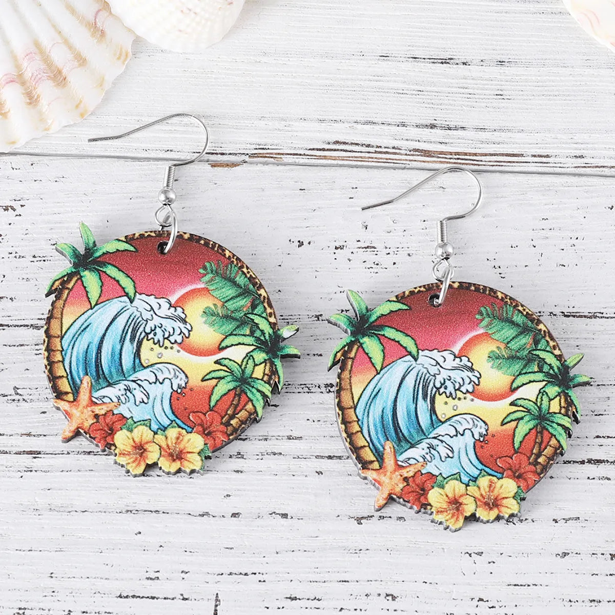 1 Pair Vacation Beach Coconut Tree Ocean Sea Wave Wood Drop Earrings