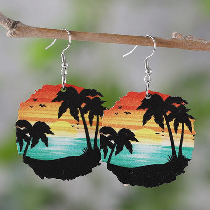 1 Pair Vacation Beach Coconut Tree Ocean Sea Wave Wood Drop Earrings