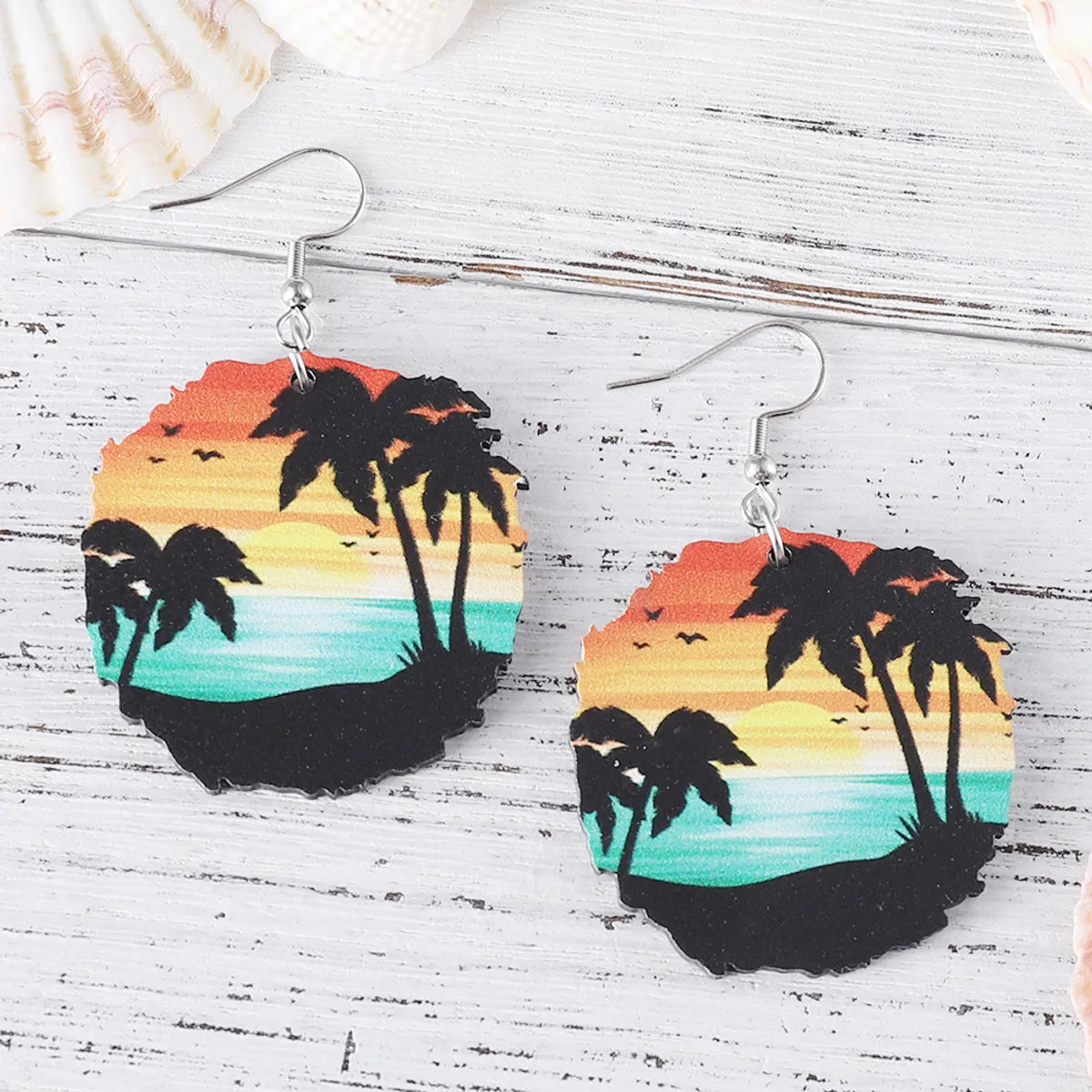 1 Pair Vacation Beach Coconut Tree Ocean Sea Wave Wood Drop Earrings