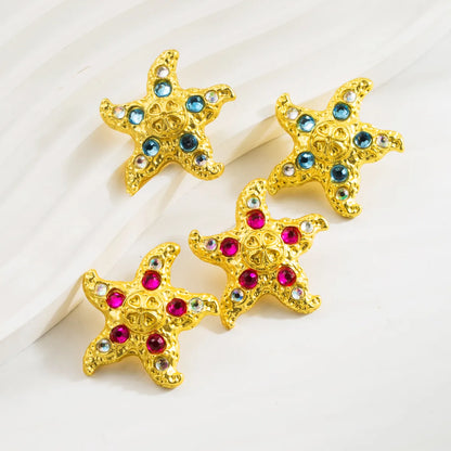 1 Pair Vacation Beach Starfish Inlay Alloy Rhinestones Gold Plated Ear Studs