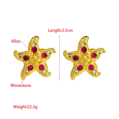 1 Pair Vacation Beach Starfish Inlay Alloy Rhinestones Gold Plated Ear Studs