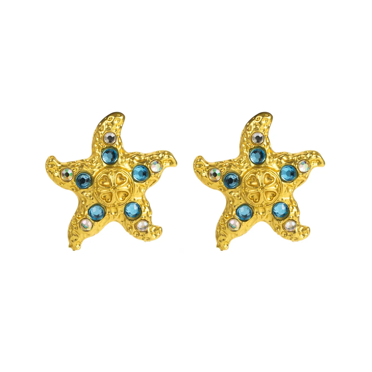 1 Pair Vacation Beach Starfish Inlay Alloy Rhinestones Gold Plated Ear Studs