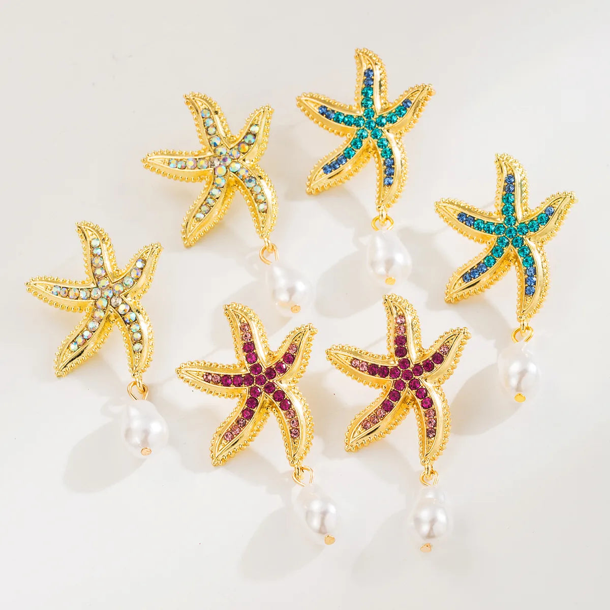 1 Pair Vacation Beach Starfish Plating Inlay Alloy Rhinestones Pearl Drop Earrings