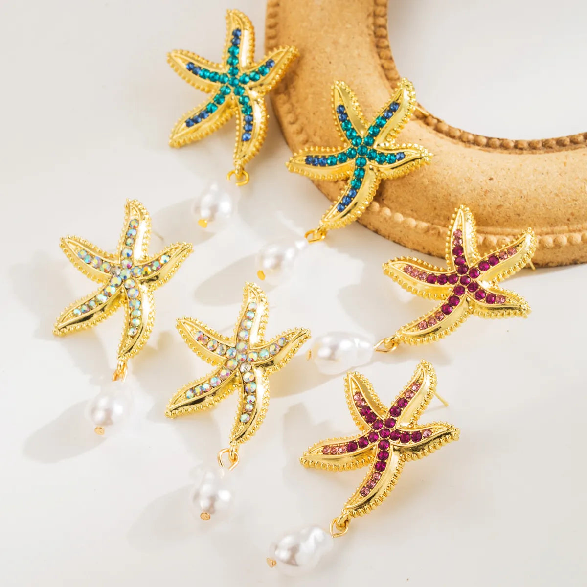 1 Pair Vacation Beach Starfish Plating Inlay Alloy Rhinestones Pearl Drop Earrings