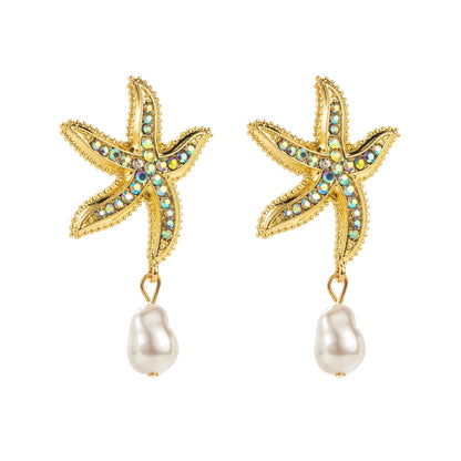 1 Pair Vacation Beach Starfish Plating Inlay Alloy Rhinestones Pearl Drop Earrings