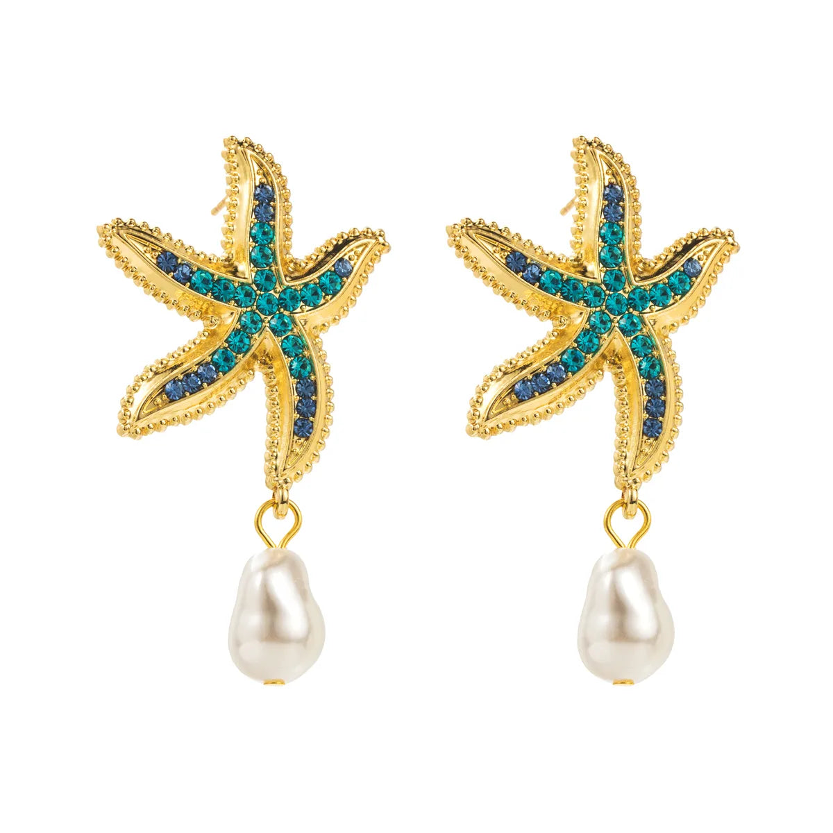 1 Pair Vacation Beach Starfish Plating Inlay Alloy Rhinestones Pearl Drop Earrings