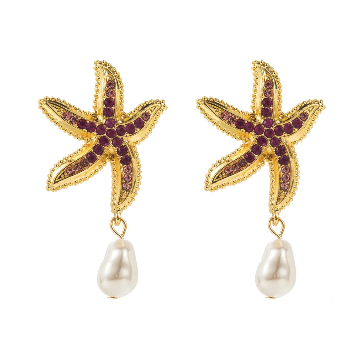 1 Pair Vacation Beach Starfish Plating Inlay Alloy Rhinestones Pearl Drop Earrings