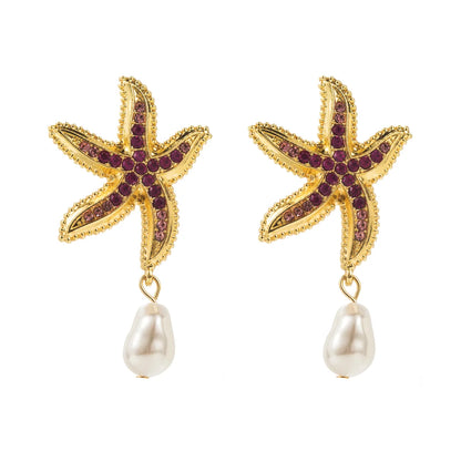 1 Pair Vacation Beach Starfish Plating Inlay Alloy Rhinestones Pearl Drop Earrings