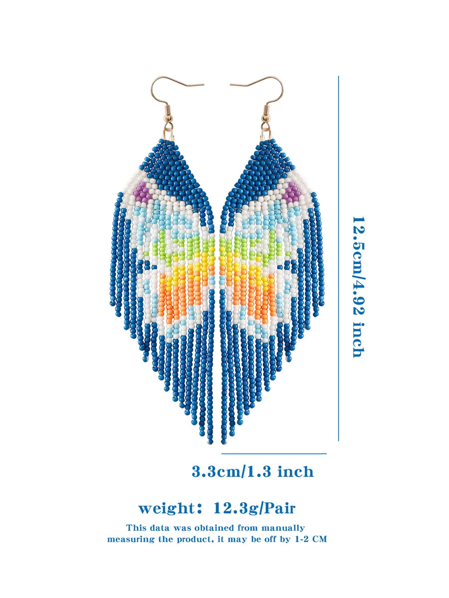 1 Pair Vacation Bohemian Butterfly Beaded Tassel Seed Bead Drop Earrings