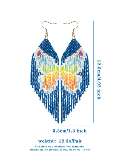 1 Pair Vacation Bohemian Butterfly Beaded Tassel Seed Bead Drop Earrings