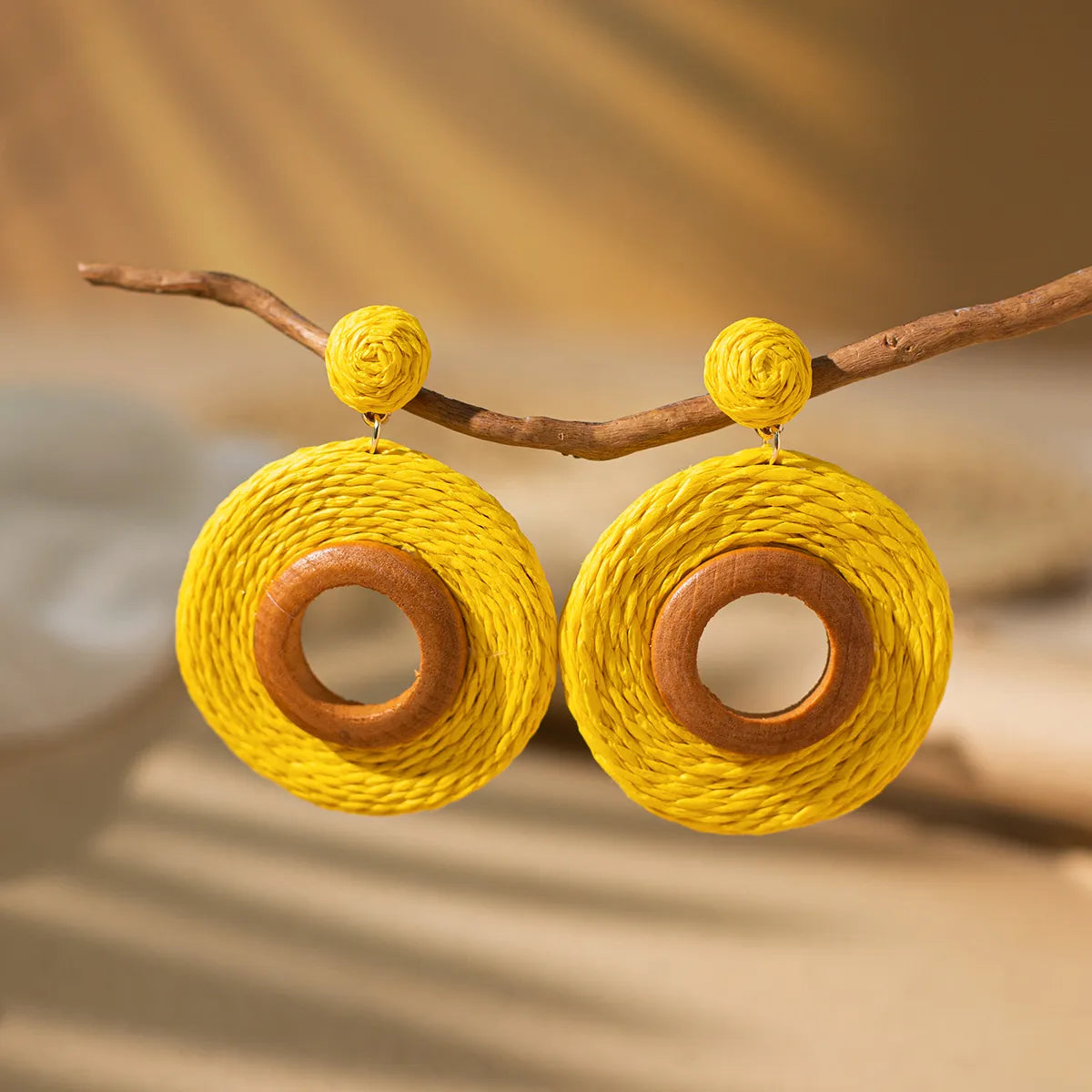 1 Pair Vacation Bohemian Circle Braid Straw Rattan Drop Earrings