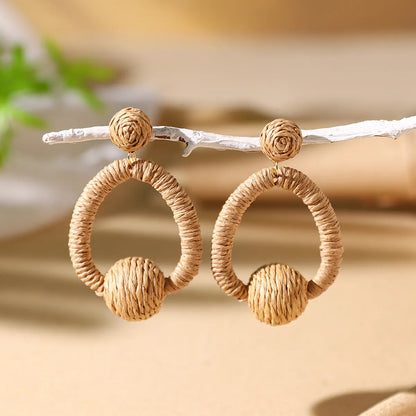 1 Pair Vacation Bohemian Circle Hollow Out Alloy Straw Rattan Drop Earrings