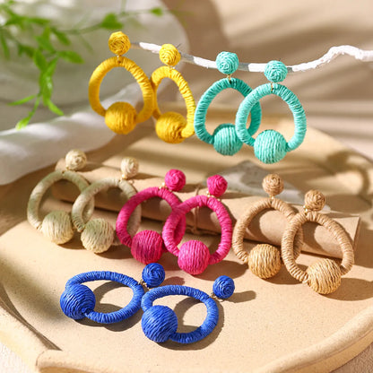 1 Pair Vacation Bohemian Circle Hollow Out Alloy Straw Rattan Drop Earrings