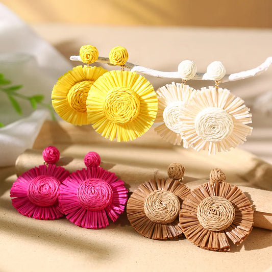 1 Pair Vacation Bohemian Flower Braid Straw Rattan Drop Earrings