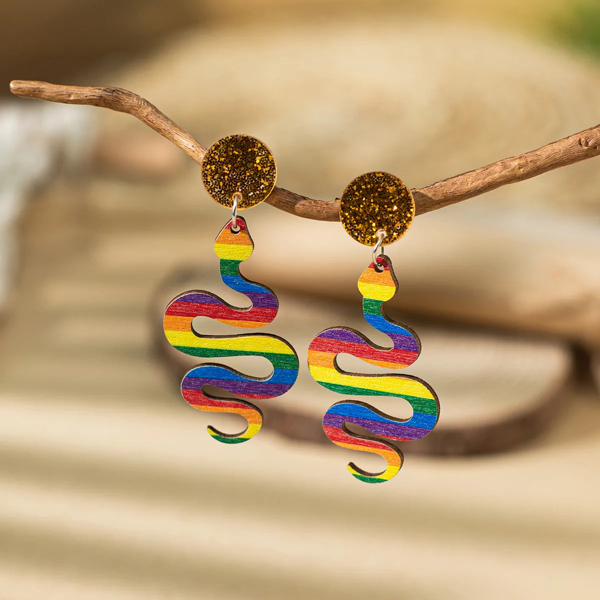 1 Pair Vacation Bohemian Geometric Snake Wood Drop Earrings