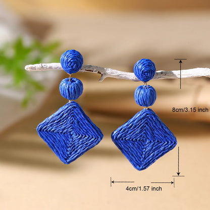 1 Pair Vacation Bohemian Rhombus Braid Alloy Straw Rattan Drop Earrings