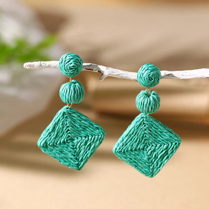 1 Pair Vacation Bohemian Rhombus Braid Alloy Straw Rattan Drop Earrings