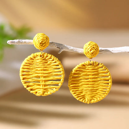 1 Pair Vacation Bohemian Round Braid Straw Rattan Drop Earrings