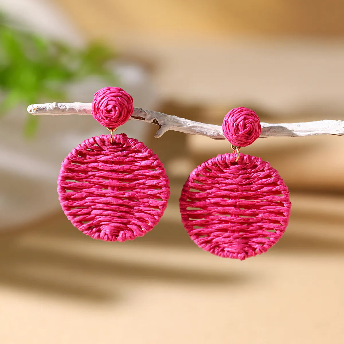 1 Pair Vacation Bohemian Round Braid Straw Rattan Drop Earrings