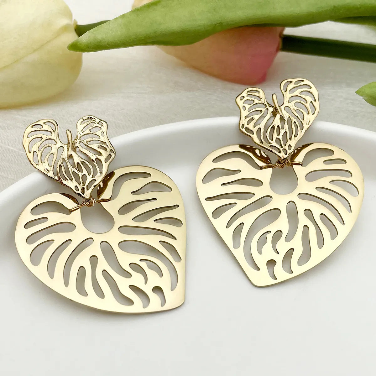 1 Pair Vacation Bohemian Round Heart Shape Patchwork Plating Inlay 304 Stainless Steel Natural Stone 14K Gold Plated Drop Earrings